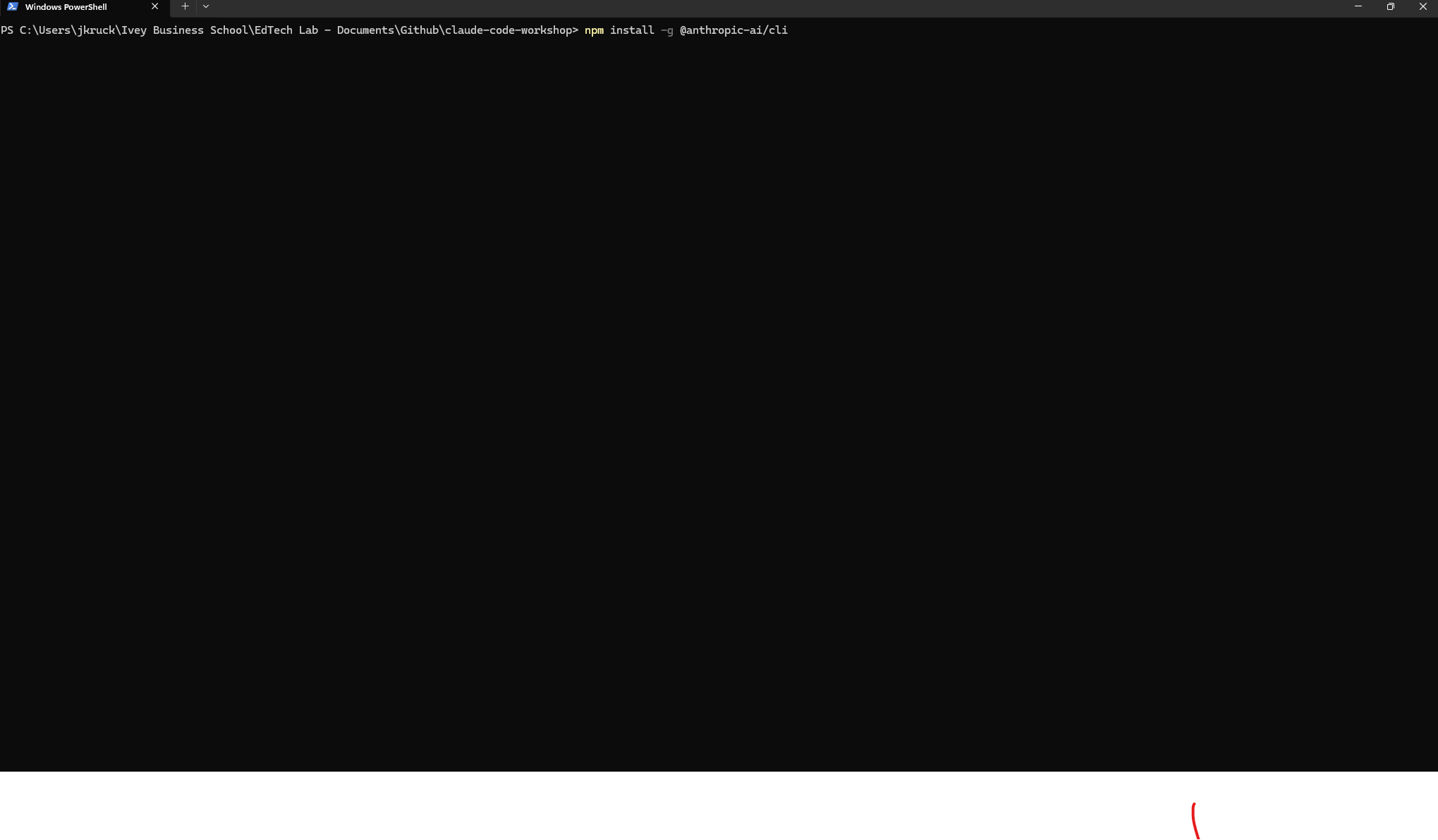Terminal window showing npm install -g @anthropic-ai/claude-code command with installation progress and success confirmation